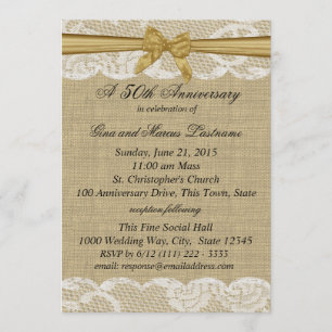 Invitation Toile de jute et dentelle avec nœud doré 50e anniv
