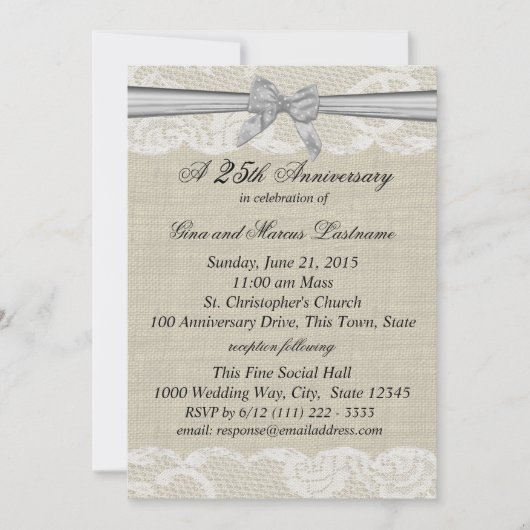 Invitation Toile de jute et dentelle avec Ruban Argent 25e An (Devant)