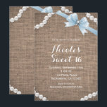 Invitation Toile de jute et perles Nœud bleu Glamour Sweet 16<br><div class="desc">Toile de jute et perles Nœud bleu Glamour Sweet 16 Cartons de fête. Les articles assortis sont également disponibles.</div>