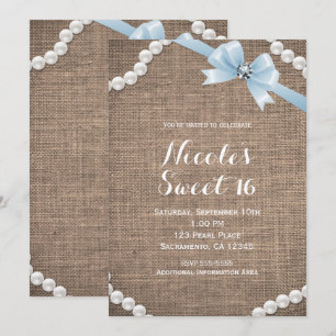 Invitation Toile de jute et perles Nœud bleu Glamour Sweet 16