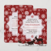 Invitation Toile de jute rouge rustique, flocons de neige, fa (Devant / Derrière)