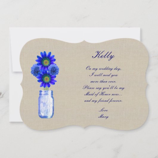Invitation Toile de jute Rustique Bleu Pot Mason Demoiselle d (Devant)