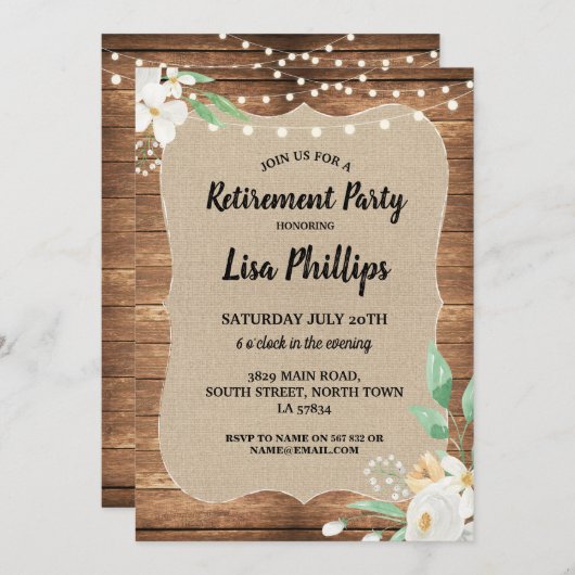 Invitation Toile de jute rustique en bois de fleurs blanches (Devant / Derrière)