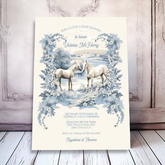 Invitation Toile Floral Baby shower des Chevaux blancs