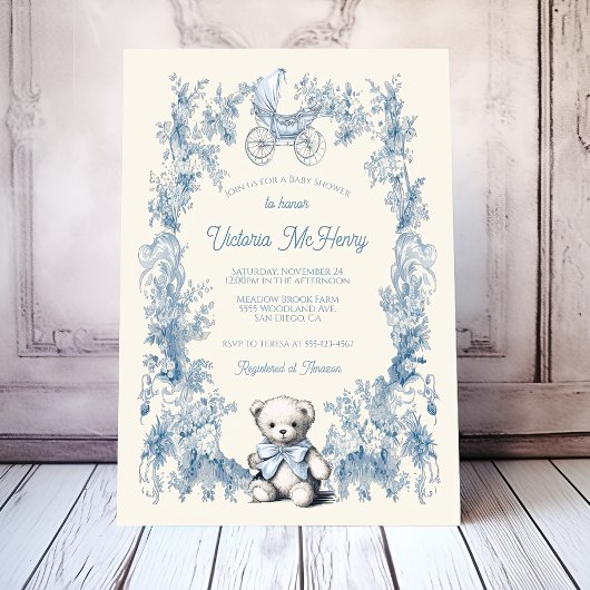 Invitation Toile Floral Teddy Bear Baby shower de transport