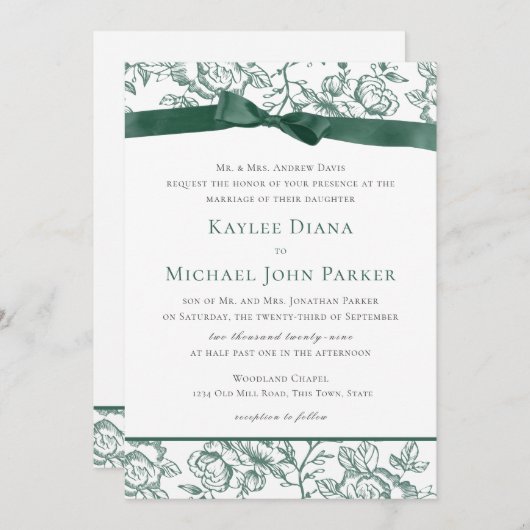 Invitation Toile française et Sage Green Bow (Devant / Derrière)