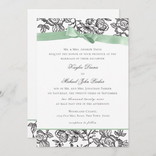 Invitation Toile française et Sage Green Bow (Devant / Derrière)