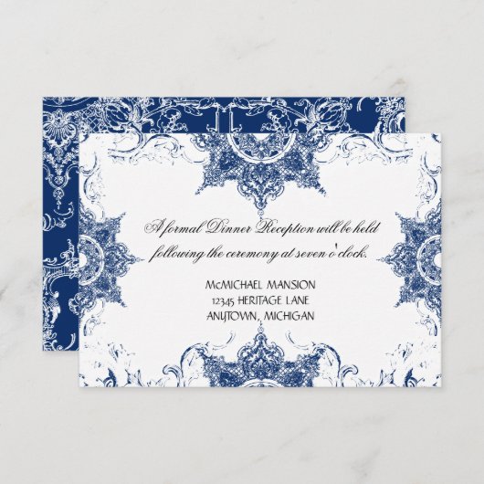 Invitation Toile Marine en blanc Damask Swirl Mariage Récepti (Devant / Derrière)