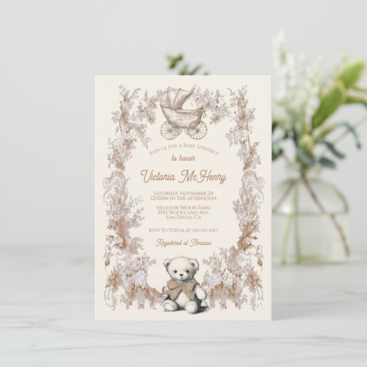 Invitation Toile Neutral Teddy Bear Baby shower de transport (Debout devant)