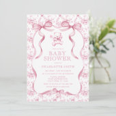 Invitation Toile Ours rose Baby shower fille (Debout devant)
