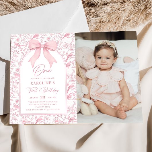 Invitation Toile Pink Bow Floral 1er Anniversaire Photo