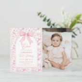 Invitation Toile Pink Bow Floral 1er Anniversaire Photo (Debout devant)