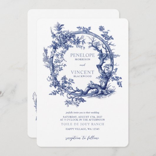 Invitation Toile romantique de Jouy et avec des Inséparables (Devant / Derrière)