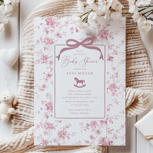 Invitation Toile rose Baby shower Cheval Rocse