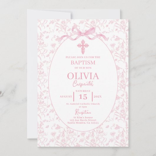 Invitation Toile rose Baptême (Devant)