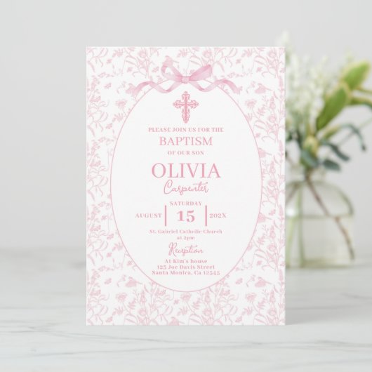Invitation Toile rose Baptême (Debout devant)