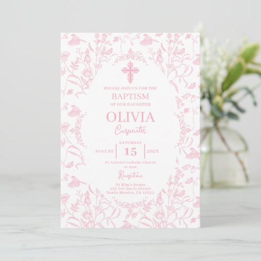 Invitation Toile rose Baptême fille (Debout devant)