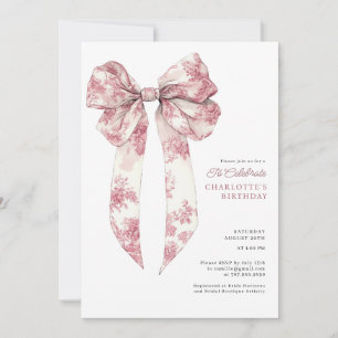 Invitation Toile Rose Coquette Noeud Papillon Anniversaire