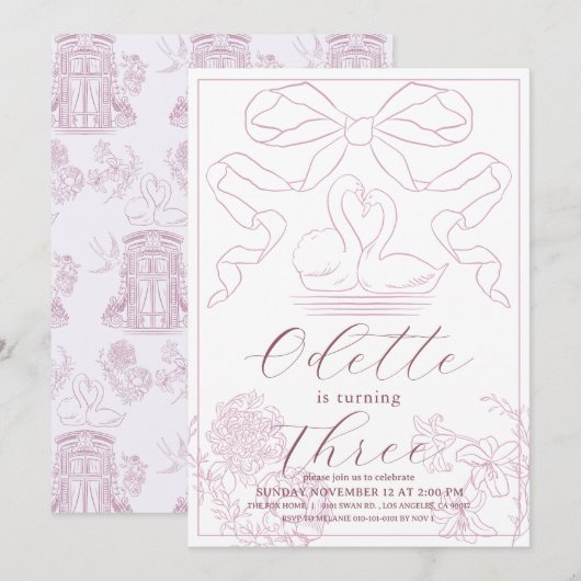 Invitation Toile rose cygne de Jouy Fille Anniversaire (Devant / Derrière)