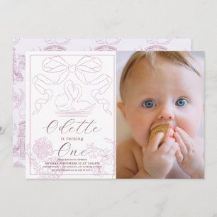 Invitation Toile rose cygne de Jouy Girl Photo 1er anniversai