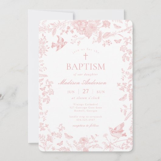 Invitation Toile Rose De Jouy Baptême Floral Français (Devant)