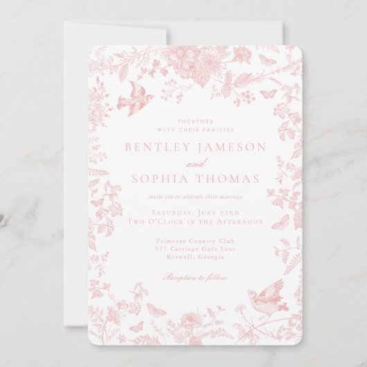 Invitation Toile rose De Jouy Mariage Floral français (Devant)
