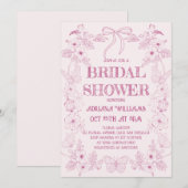 Invitation Toile rose Floral Fête des mariées française (Devant / Derrière)