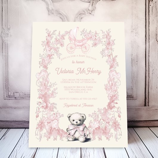 Invitation Toile rose floral Teddy Ours Baby shower de transp