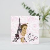 Invitation Toile rose Vintage Paris Baby Girl Douche (Debout devant)