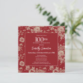 Invitation Toile rouge foncé Floral 100e fête d'anniversaire (Debout devant)