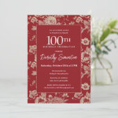 Invitation Toile rouge foncé Floral 100e fête d'anniversaire  (Debout devant)