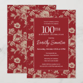 Invitation Toile rouge foncé Floral 100e fête d'anniversaire  (Devant / Derrière)