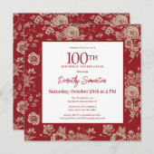 Invitation Toile rouge foncé Floral 100e fête d'anniversaire (Devant / Derrière)