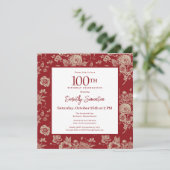 Invitation Toile rouge foncé Floral 100e fête d'anniversaire (Debout devant)