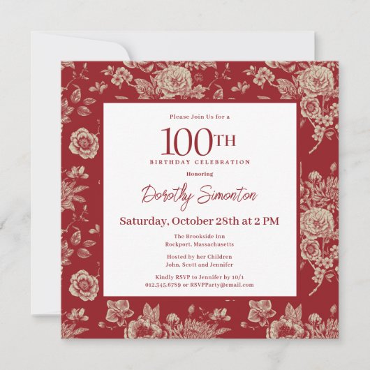 Invitation Toile rouge foncé Floral 100e fête d'anniversaire (Devant)