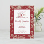 Invitation Toile rouge foncé Floral 100e fête d'anniversaire  (Debout devant)