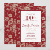 Invitation Toile rouge foncé Floral 100e fête d'anniversaire  (Devant / Derrière)