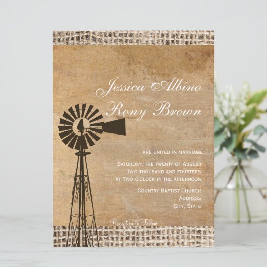 Invitation Toile rustique Burlap Windmill (Debout devant)