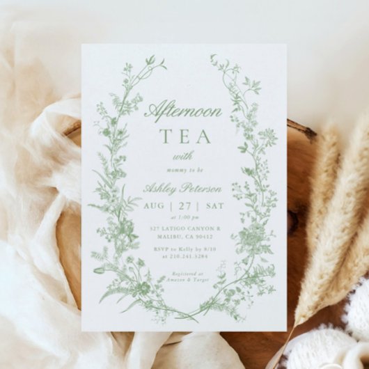 Invitation Toile Sage Green Afnoon Tea Party Baby shower
