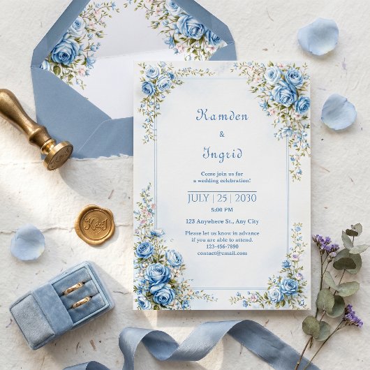Invitation Toile Texturée Rose Bleu Or Bordure Ornée