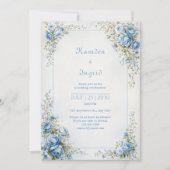 Invitation Toile Texturée Rose Bleu Or Bordure Ornée (Devant)