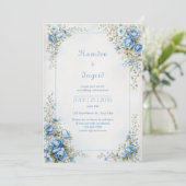Invitation Toile Texturée Rose Bleu Or Bordure Ornée (Debout devant)