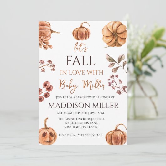 Invitation Tombe amoureuse avec bébé, Baby shower Citrouille (Debout devant)