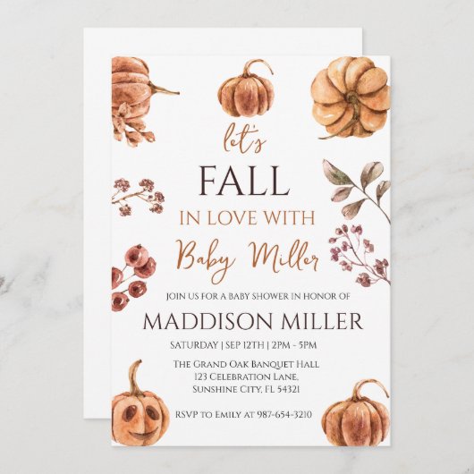 Invitation Tombe amoureuse avec bébé, Baby shower Citrouille (Devant / Derrière)