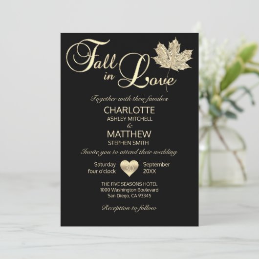 Invitation TOMBE CLASSIQUE EN AMOUR Mariage Maple Leaf en or  (Debout devant)
