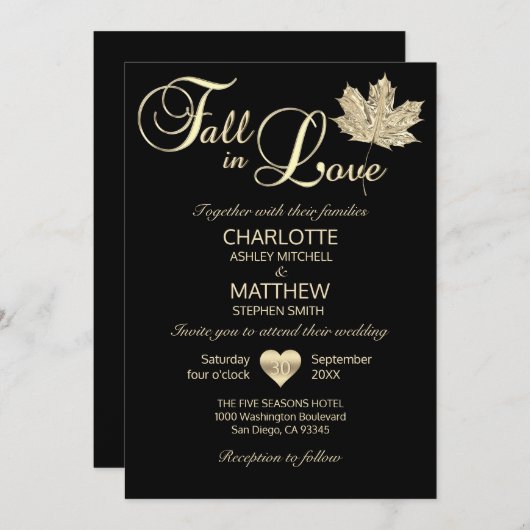 Invitation TOMBE CLASSIQUE EN AMOUR Mariage Maple Leaf en or  (Devant / Derrière)