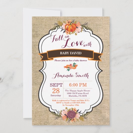 Invitation Tombe dans l'amour Citrouille Baby shower Invitati (Devant)