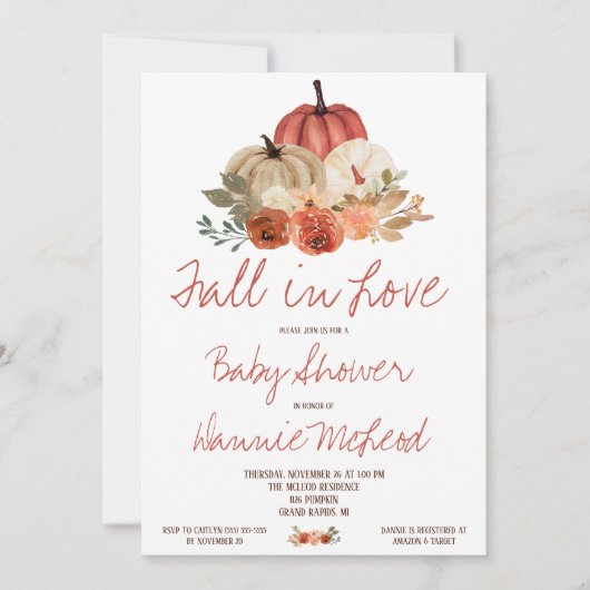 Invitation Tombe en amour, Automne Citrouille Baby shower flo (Devant)