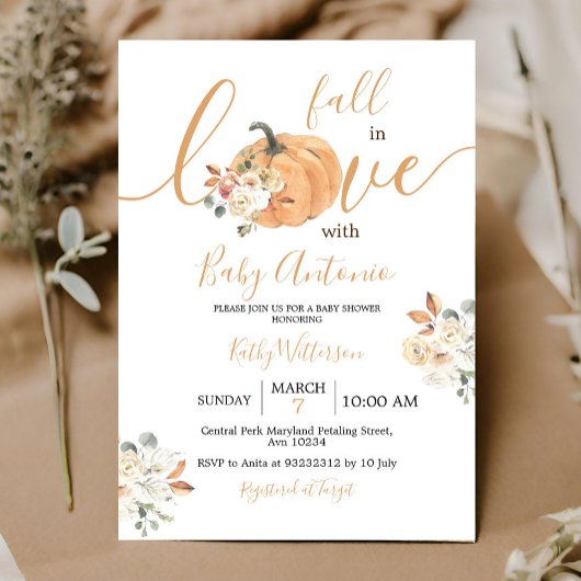 Invitation Tombe en amour Citrouille Baby shower floral