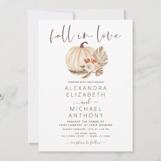 Invitation Tombe en amour Mariage Pampas Citrouille en herbe (Devant)